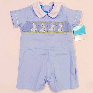 New Anavini Smocked Romper Boys 9M Bunnies Embroidered Peter Pan Collar Easter